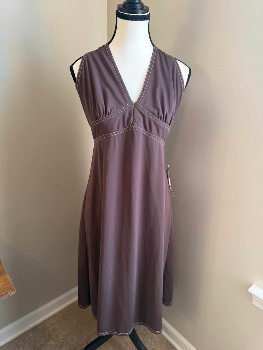 Gabriella‎ Skye Brown Halter Midi Dress Contrast Stitch Empire Waist NWT Size 8